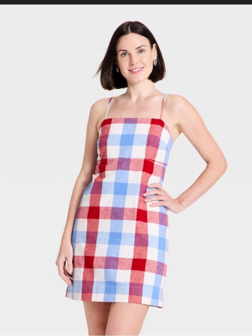 Red, Light Blue & White Gingham linen Mini Dress